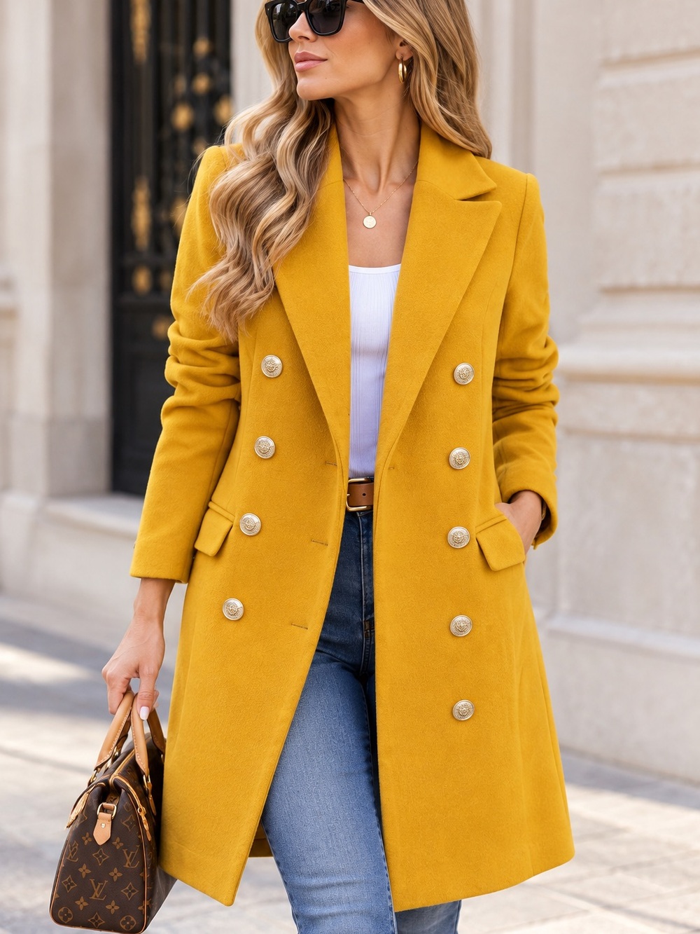 Double-Breasted Mustard Trench Coat with Decorative Buttons